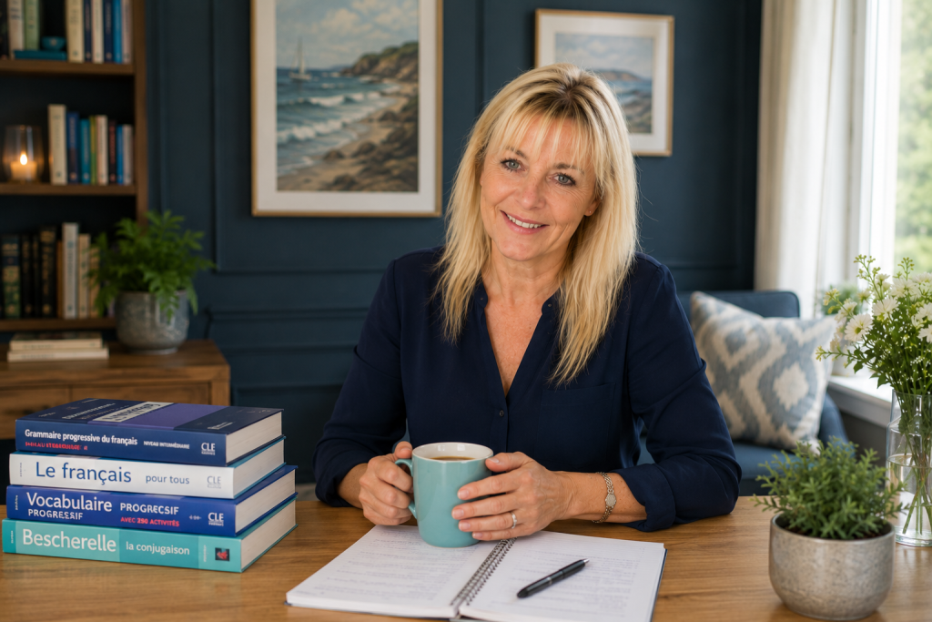Justine, professeure d'anglais, dans son espace de travail avec des livres de français et un café