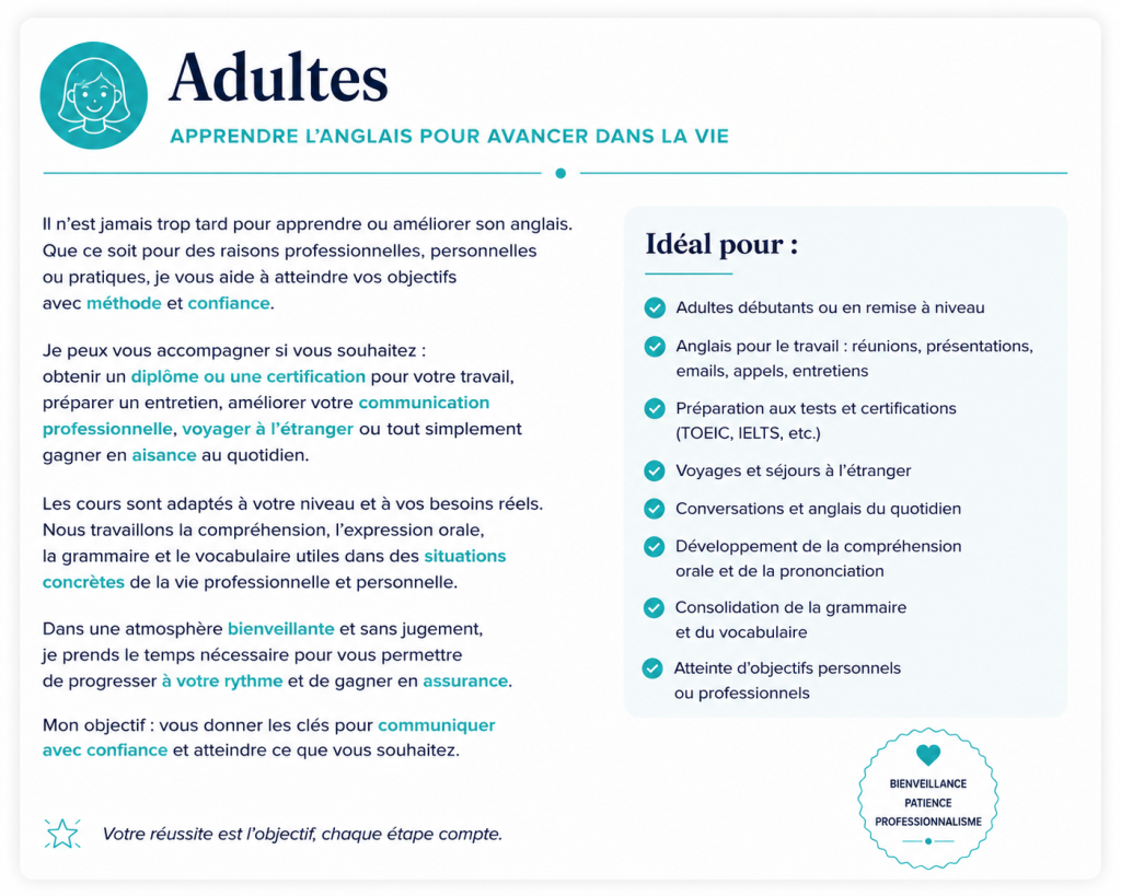 Cours d'anglais personnalisés pour adultes avec professeur britannique en Charente ou en ligne.