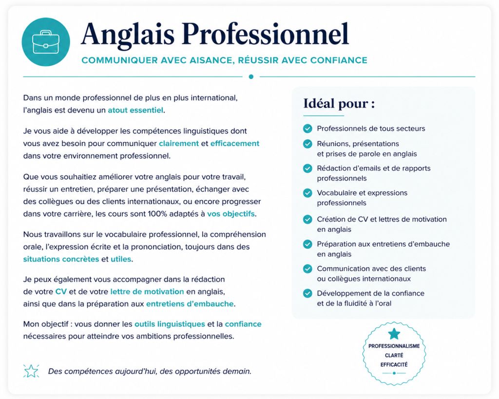 Cours d'anglais professionnel pour entreprises et particuliers avec professeur britannique en Charente.