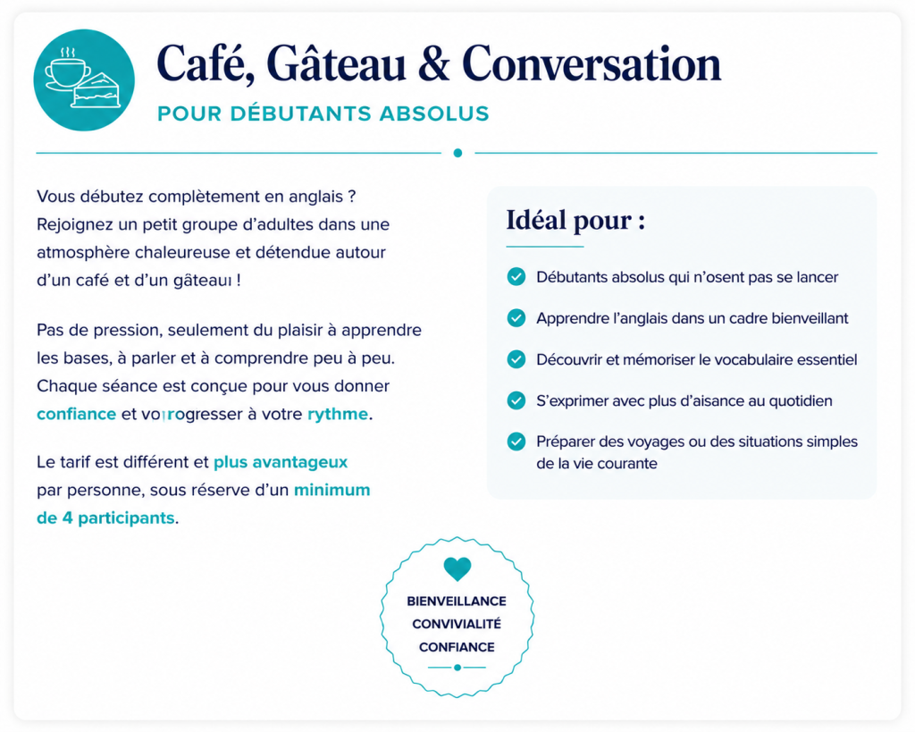 Cours d'anglais débutant avec café, gâteau et conversation en petit groupe en Charente.