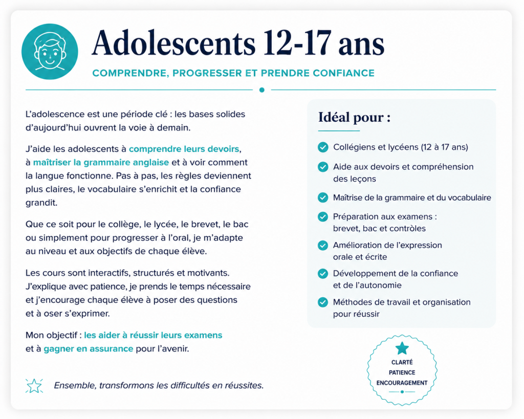 Cours d'anglais pour adolescents de 12 à 17 ans avec professeur britannique en Charente.
