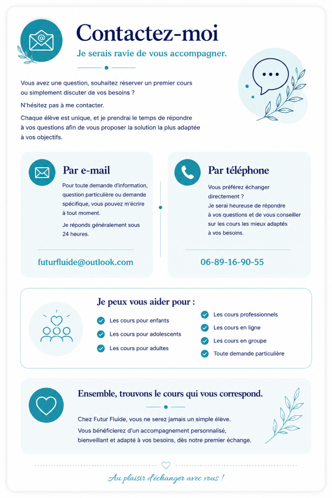 Informations de contact pour les cours d'anglais avec Justine en Charente