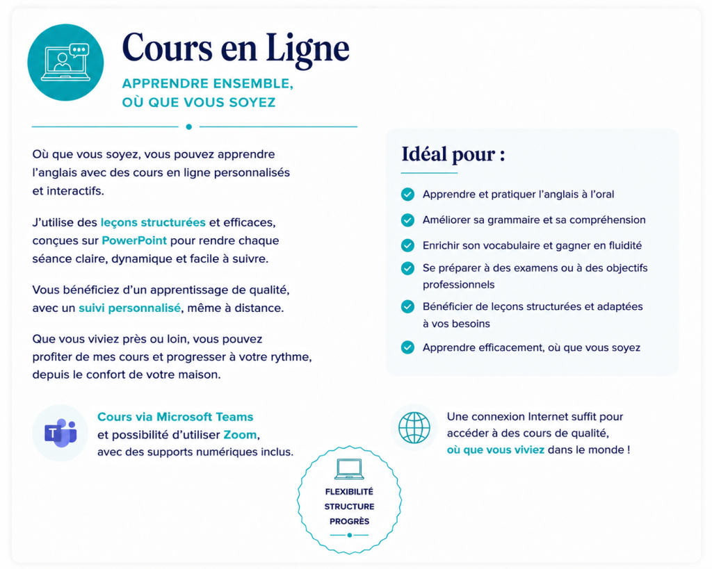 Cours d'anglais en ligne personnalisés avec professeur britannique – visioconférence depuis la Charente.