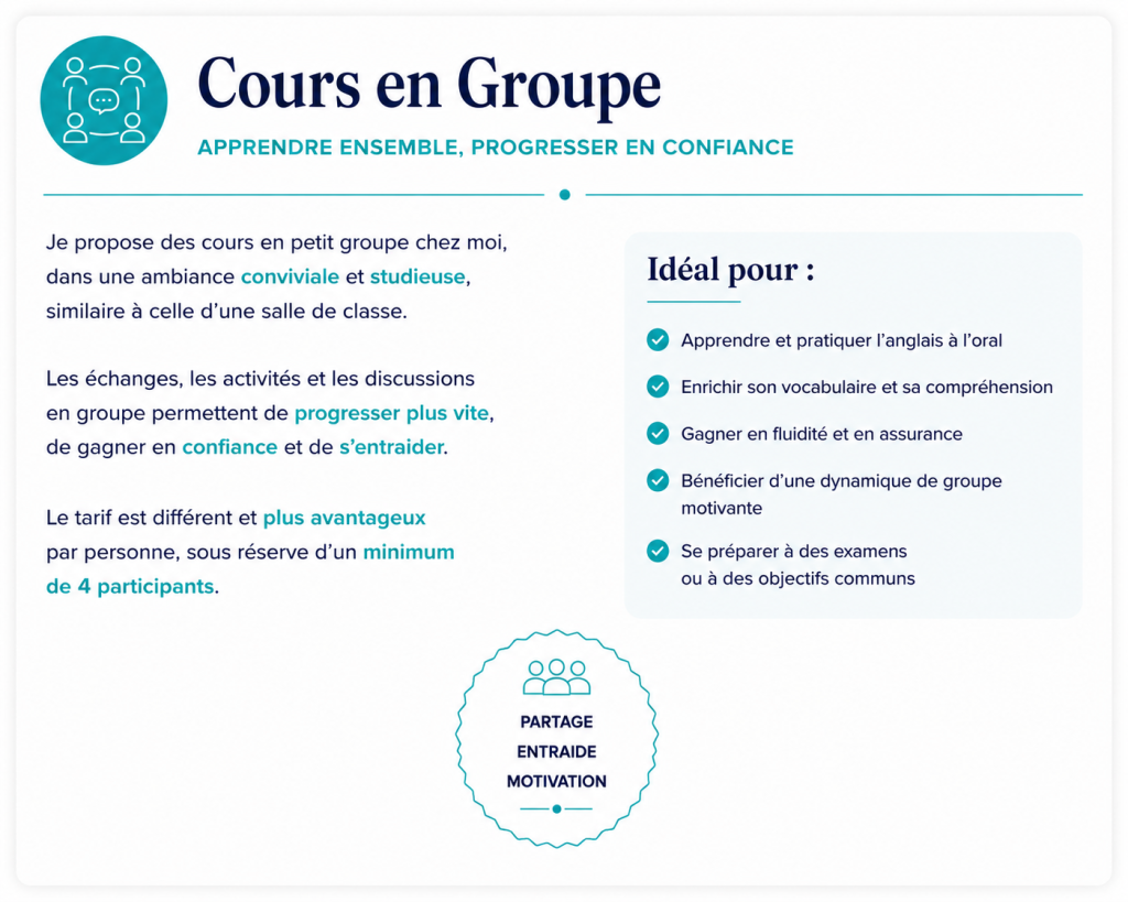Cours d'anglais en petit groupe pour adultes en Charente avec professeur britannique.