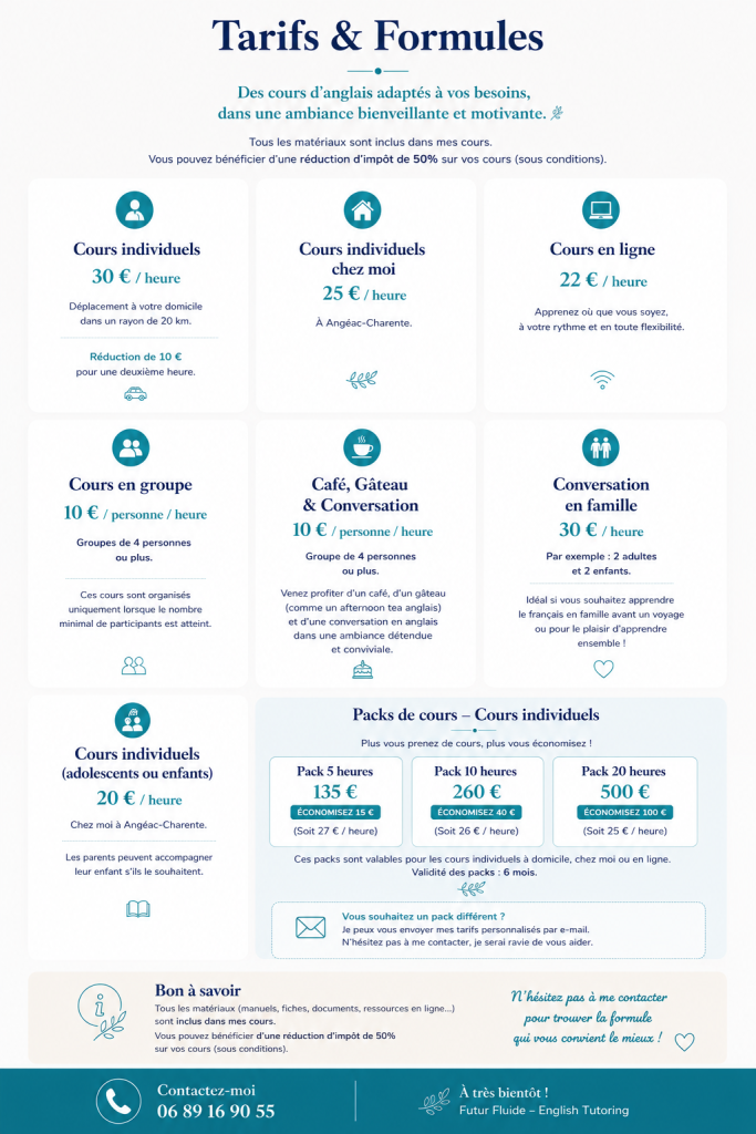 Tarifs des cours d'anglais – cours particuliers et en ligne en Charente